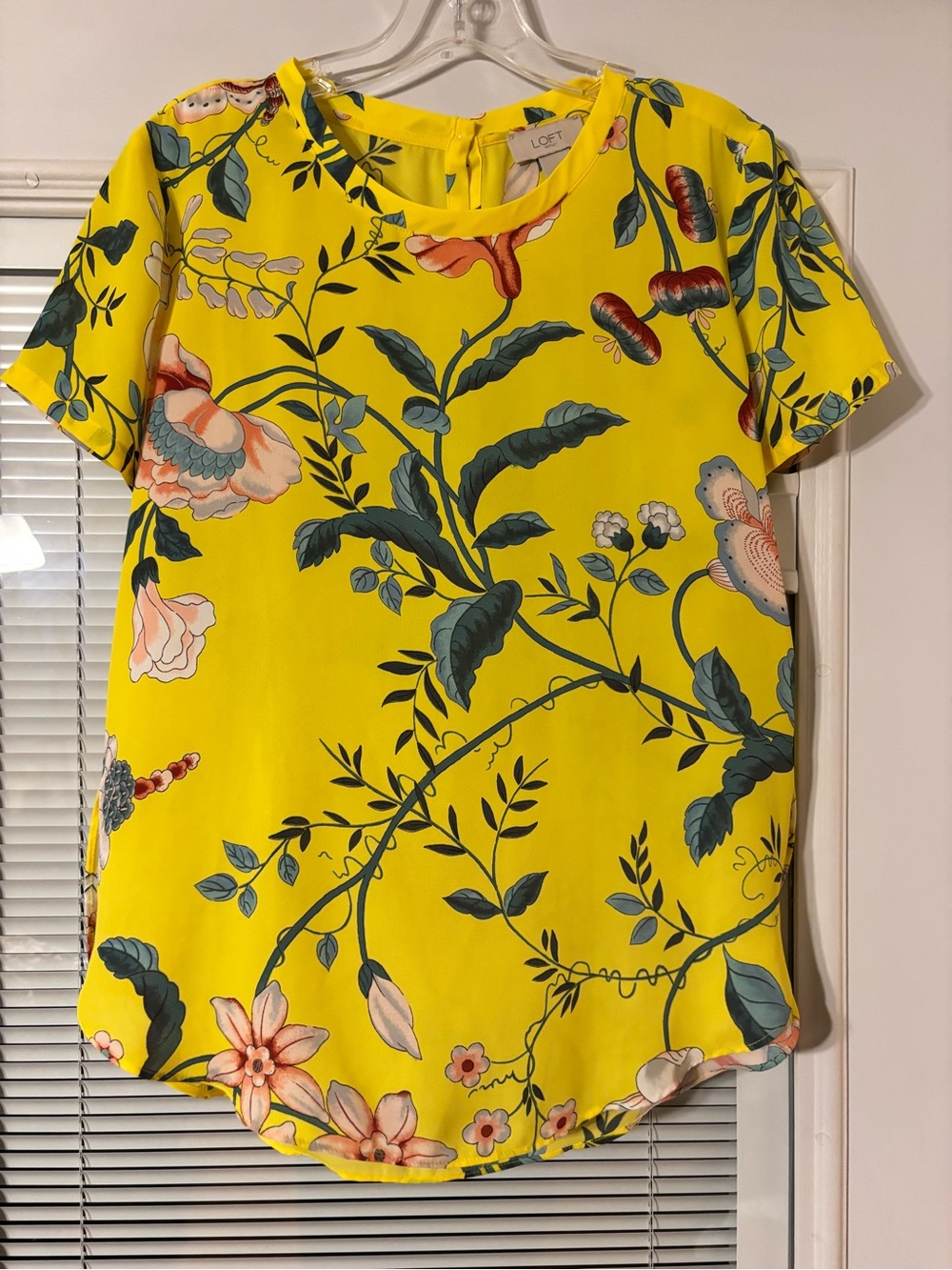 LOFT Yellow Floral Short-Sleeve Blouse with Blue-Green Botanical Print